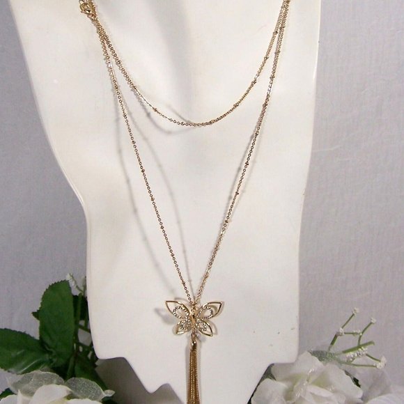 Lauren Conrad Butterfly Tassel Long Gold Tone Rhinestone Necklace 3D Open Work - Picture 1 of 6